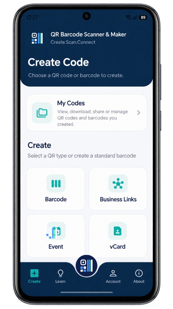 Create Code screen in QR Barcode Scanner & Maker