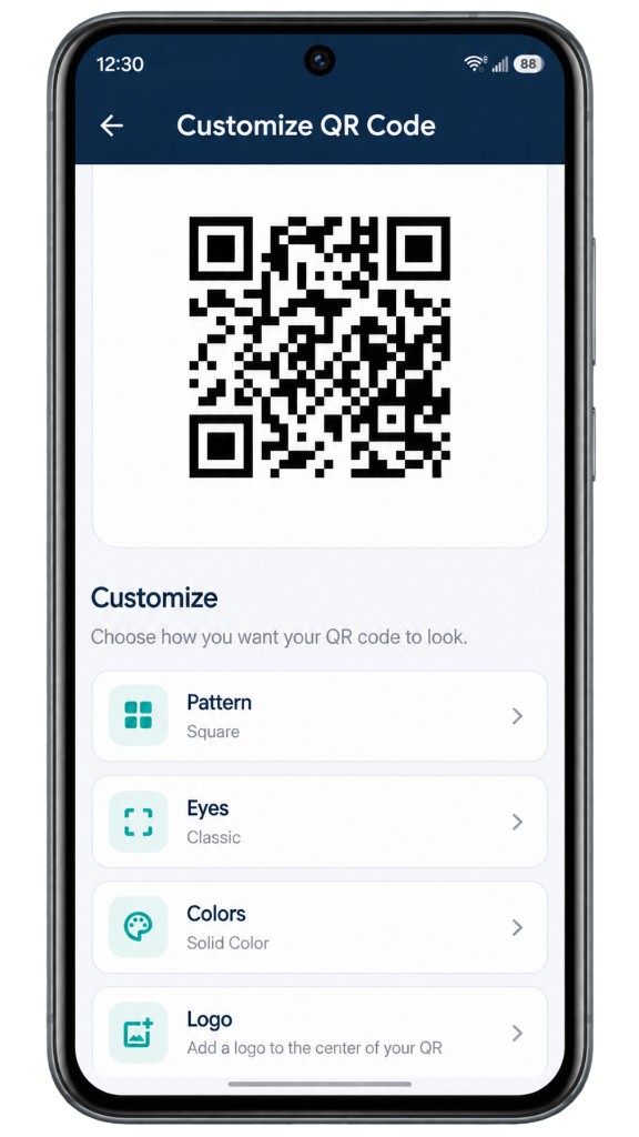 Customize QR Code screen with pattern, eyes, colours and logo