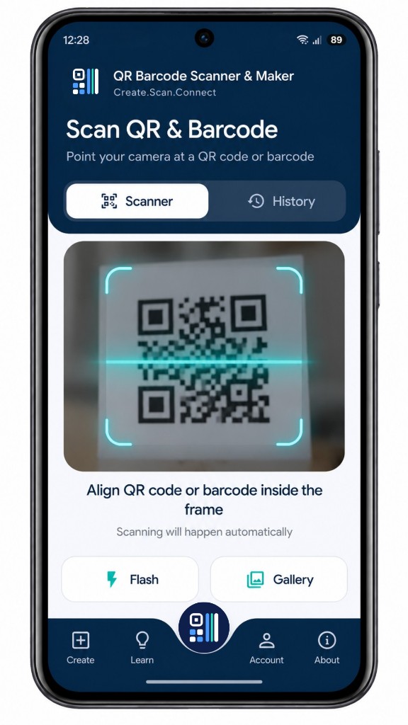 Scan QR and barcode camera screen
